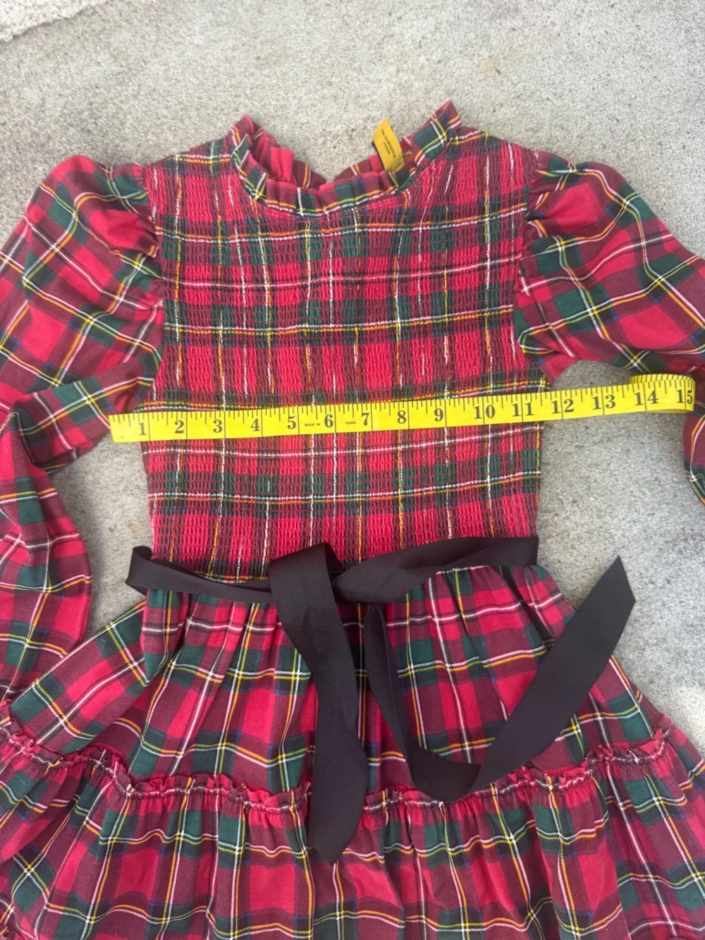 Ralph Lauren Red Green Plaid Smocked Dress with Black Waist Bow